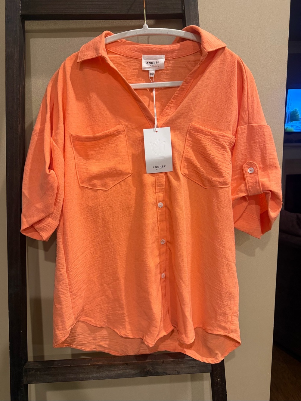 (2)Andree orange and Teal Button-Front Pocket Blouse